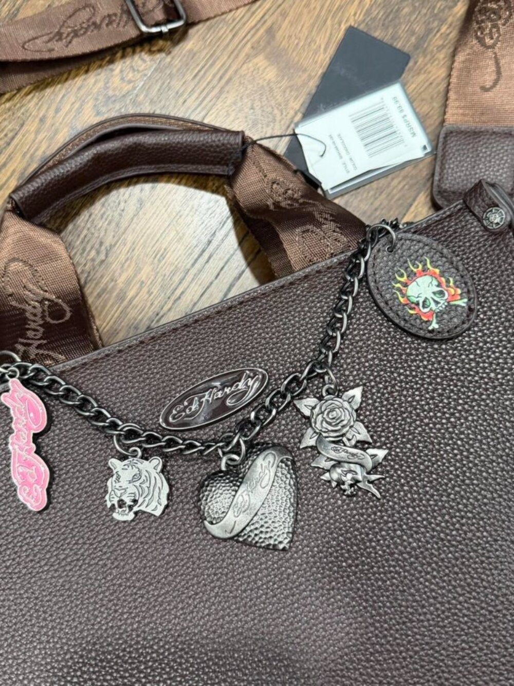 brown leather ed hardy shoulder bag with multiple charms tote y2k NWT - Picture 2 of 8